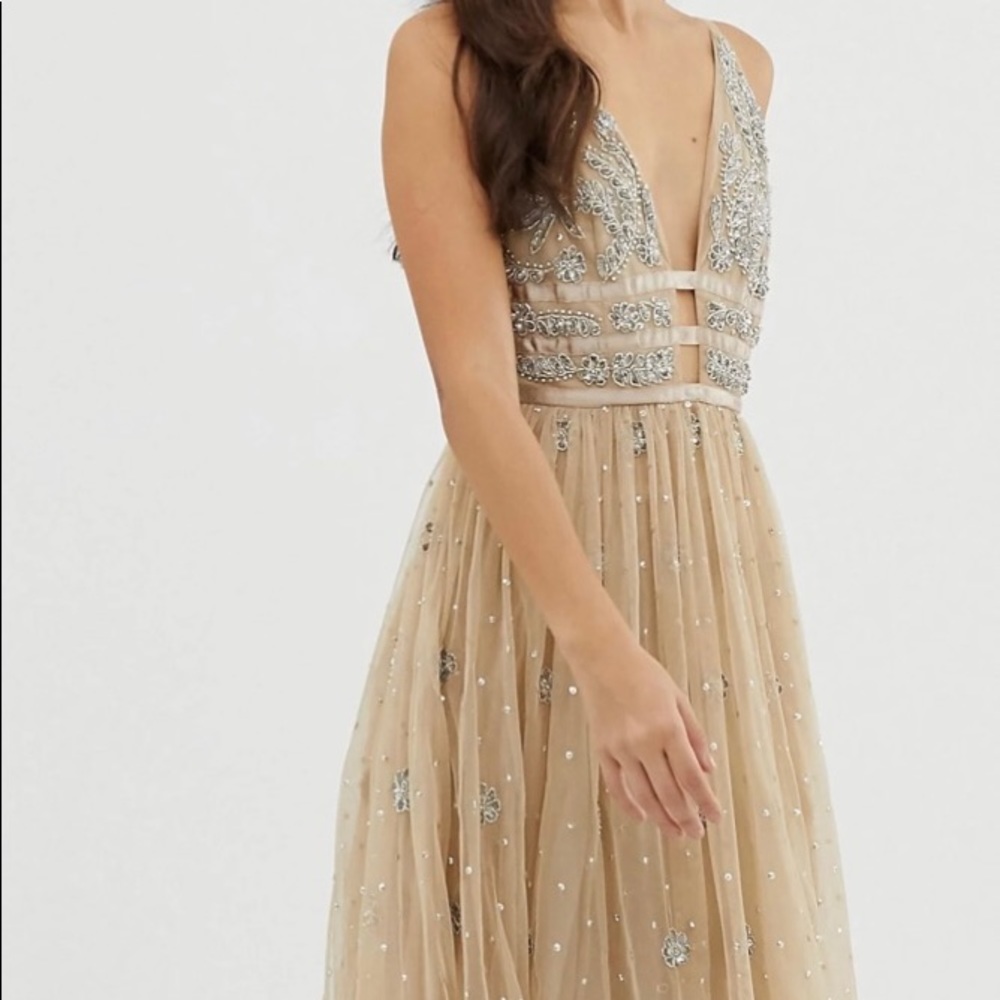 NWT from ASOS embellished tulle and silver beaded dress.
